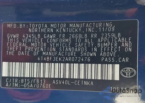 2010 Toyota Camry Le z USA, uszkodzony, nr VIN 4T4BF3EK2AR072476